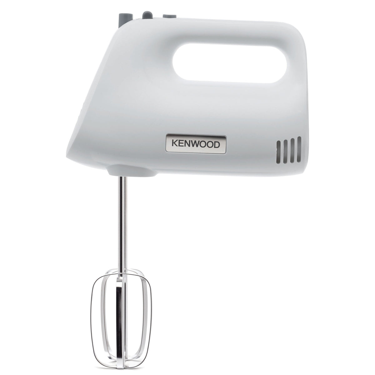 Kenwood 450W Hand Mixer - White - front view with stainless steel beaters