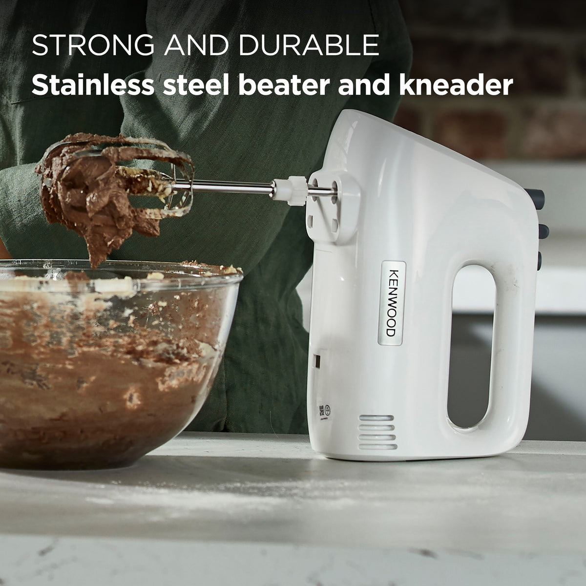 Kenwood 450W Hand Mixer - White - stainless steel beaters and dough hooks mixing chocolate batter