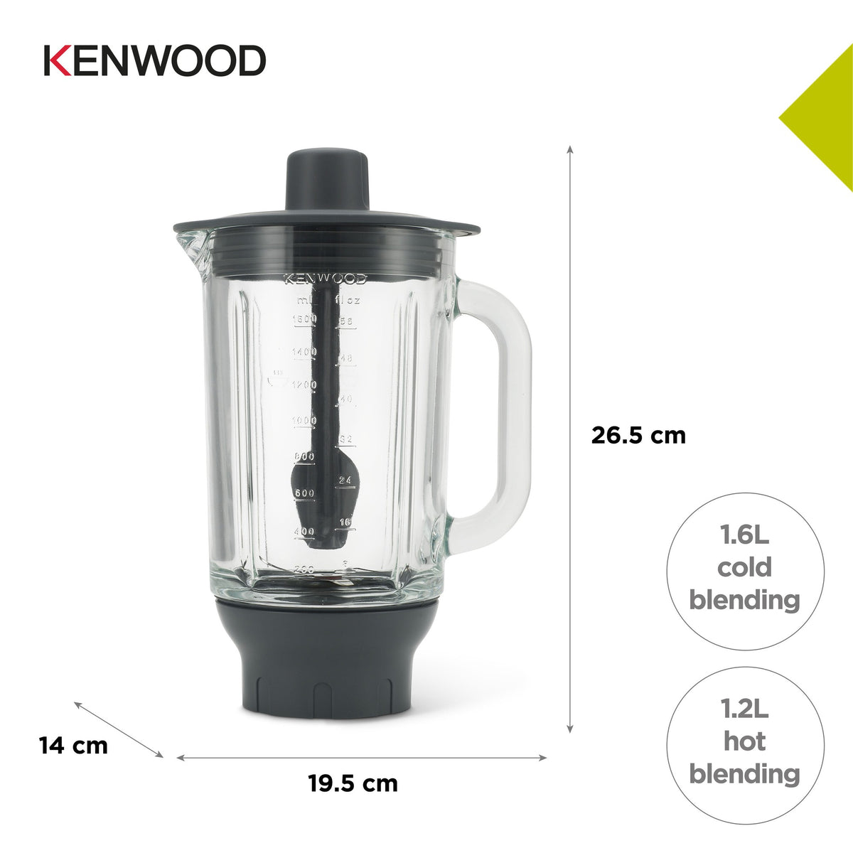 Kenwood ThermoResist Glass Blender Attachment - Clear Glass - dimensions - 1.6L cold, 1.2L hot blending