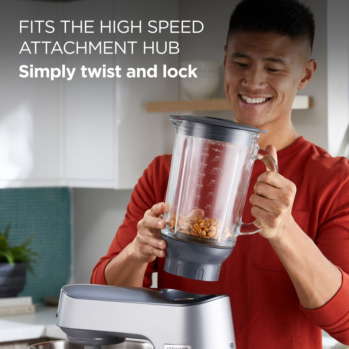 Kenwood ThermoResist Glass Blender Attachment - Clear Glass - twist-and-lock fitting on the high-speed hub