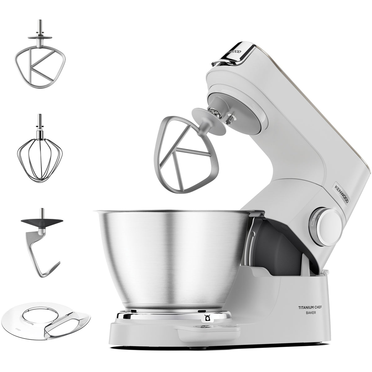 Kenwood Titanium Chef - White - front view with K-beater, whisk, dough hook and splashguard