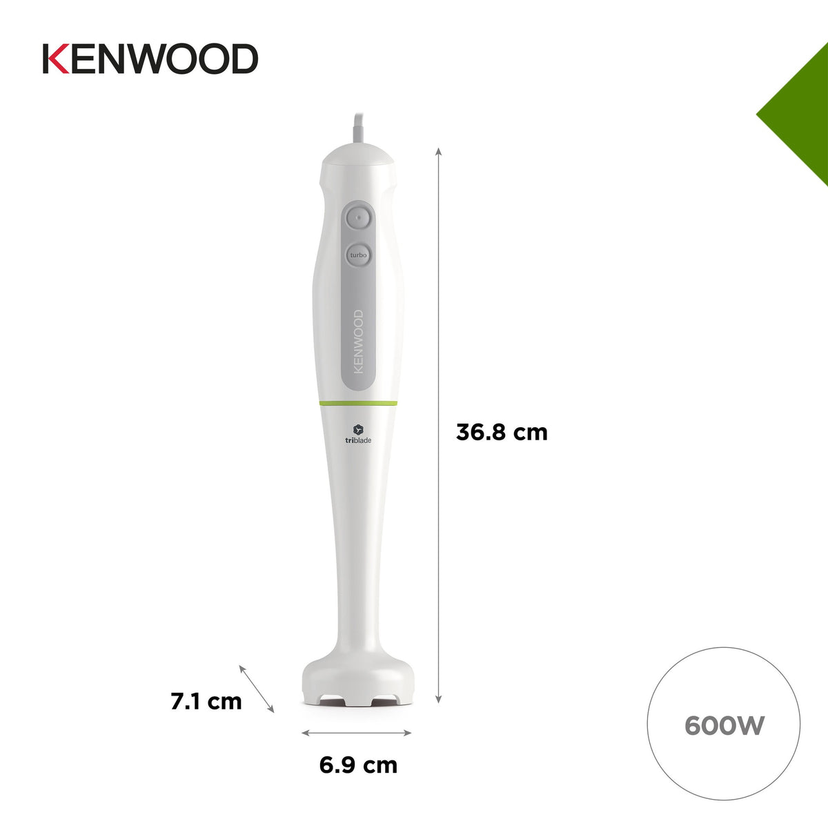 Kenwood Triblade Hand Blender - White - dimensions and 600W motor
