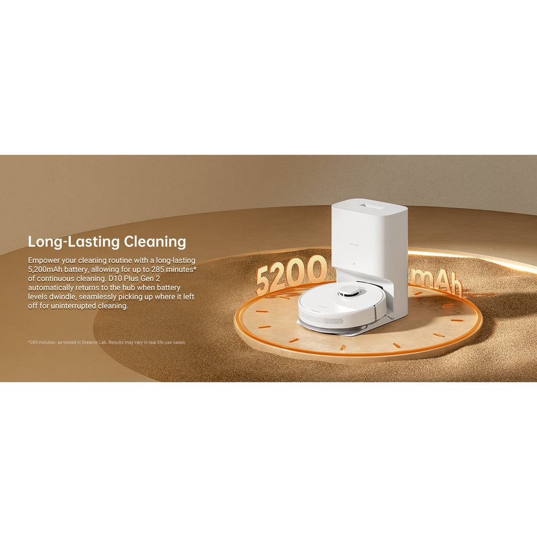 Dreame D10 Plus Gen 2 RLD32GD robot vacuum and station, battery life graphic