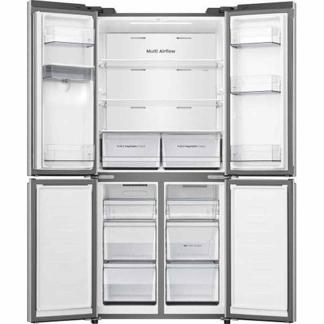 Hisense American Fridge Freezer - Stainless Steel - all four doors open, empty interior