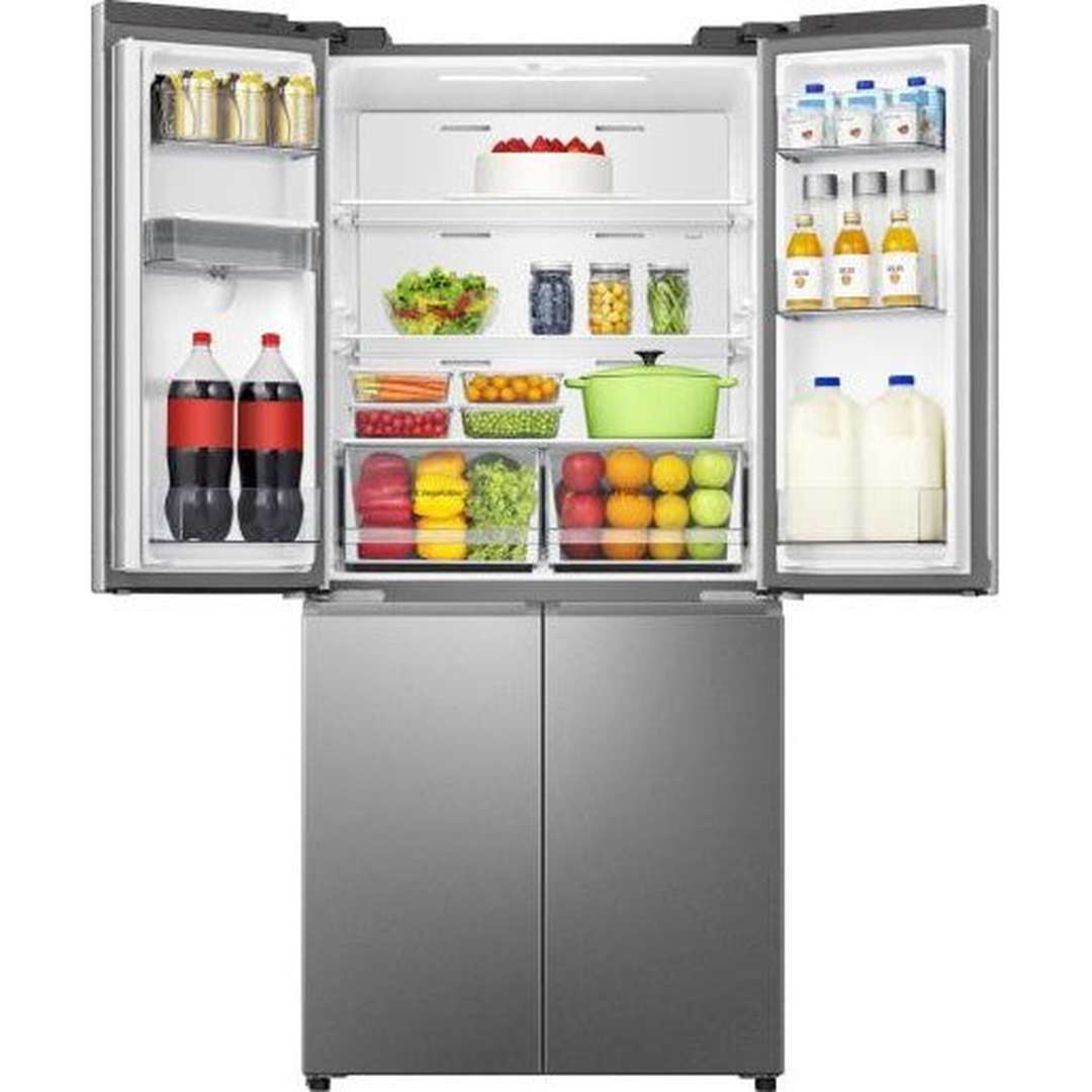 Hisense American Fridge Freezer - Stainless Steel - fridge doors open stocked with food, freezer doors closed