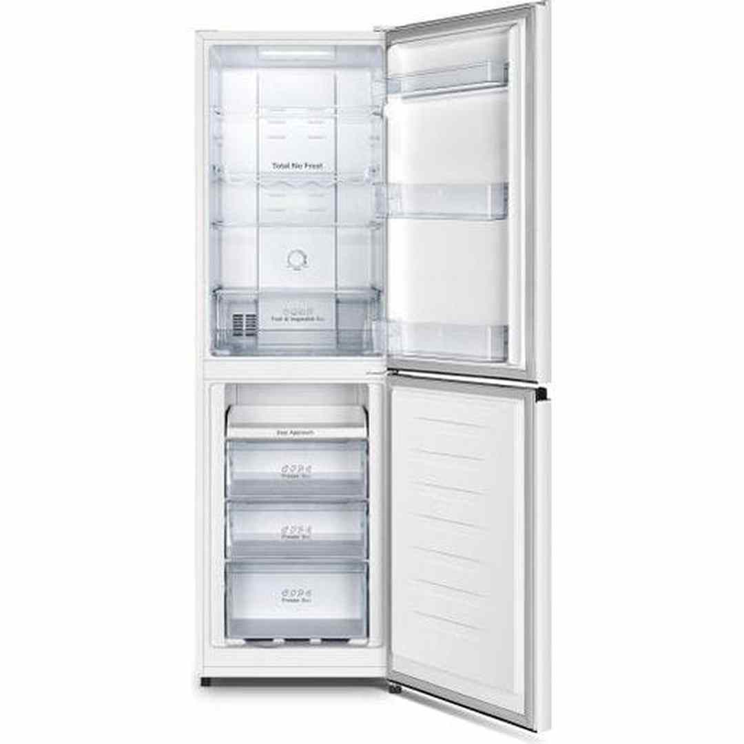 Hisense RB327N4BWE fridge freezer with the doors open, empty