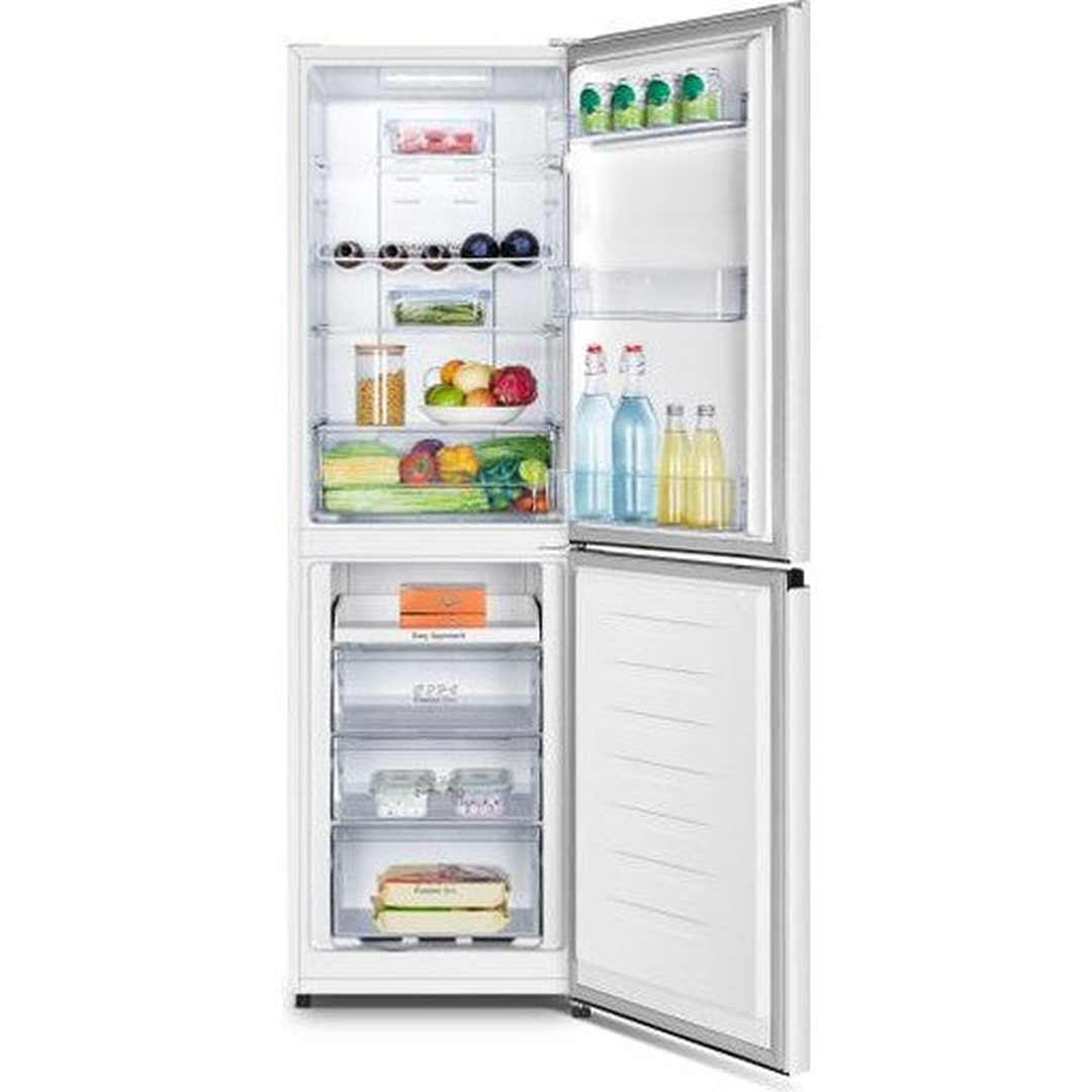Hisense RB327N4BWE fridge freezer with the doors open, stocked with food
