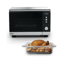 Ninja Crispi Microwave and Air Fryer in Silver with roast chicken in glass dish — front view