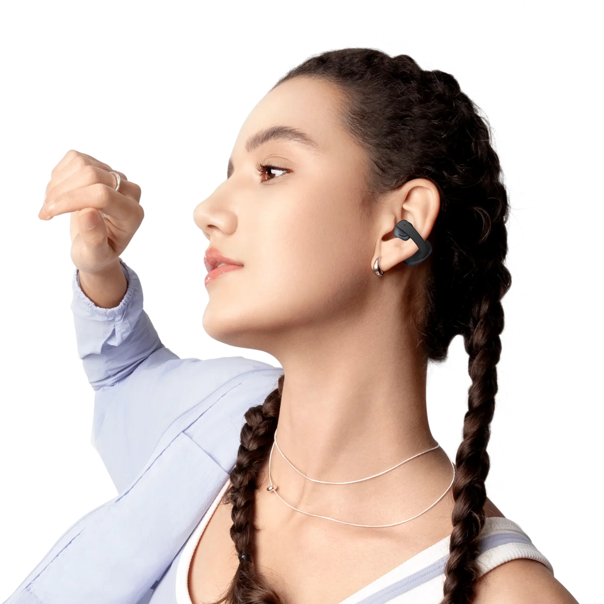 Shokz OpenDots Air Open-Ear Clip-On Earbuds - Black - worn on the ear