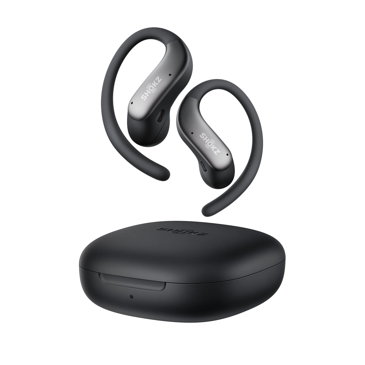 Shokz OpenFit Air 2 Open-Ear Earbuds - Black - earbuds above the charging case