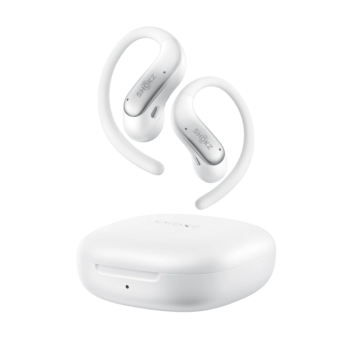 Shokz OpenFit Air 2 Open-Ear Earbuds - White - earbuds above the charging case