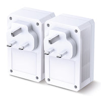 TP-Link TL-PA7017P KIT AV1000 Gigabit Passthrough Powerline Starter Kit — product view, two units with front passthrough sockets