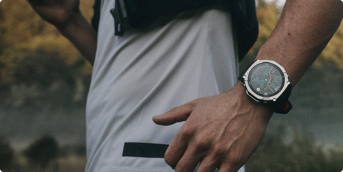 Amazfit T-Rex Ultra 2 51mm Smartwatch - Black Magma - on the wrist, trail running