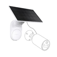 Tapo A201 camera solar panel with mounting bracket and charging cable, dashed-line camera outline for install context