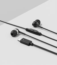 Sennheiser CX 80U USB-C Earphones Black — styled flatlay on two-tone background