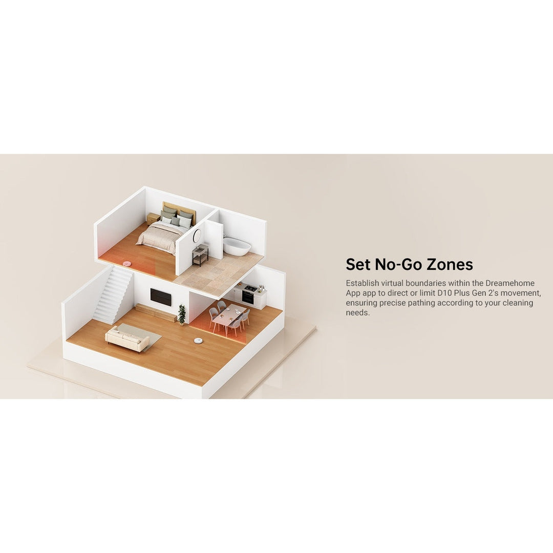 Dreame D10 Plus Gen 2 RLD32GD robot vacuum, no-go zones graphic in a floor plan