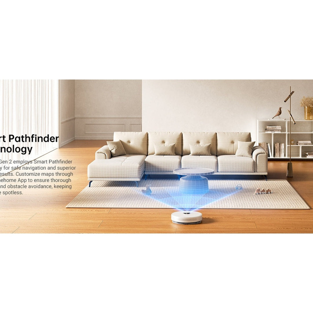 Dreame D10 Plus Gen 2 RLD32GD robot vacuum, pathfinder navigation graphic in a living room