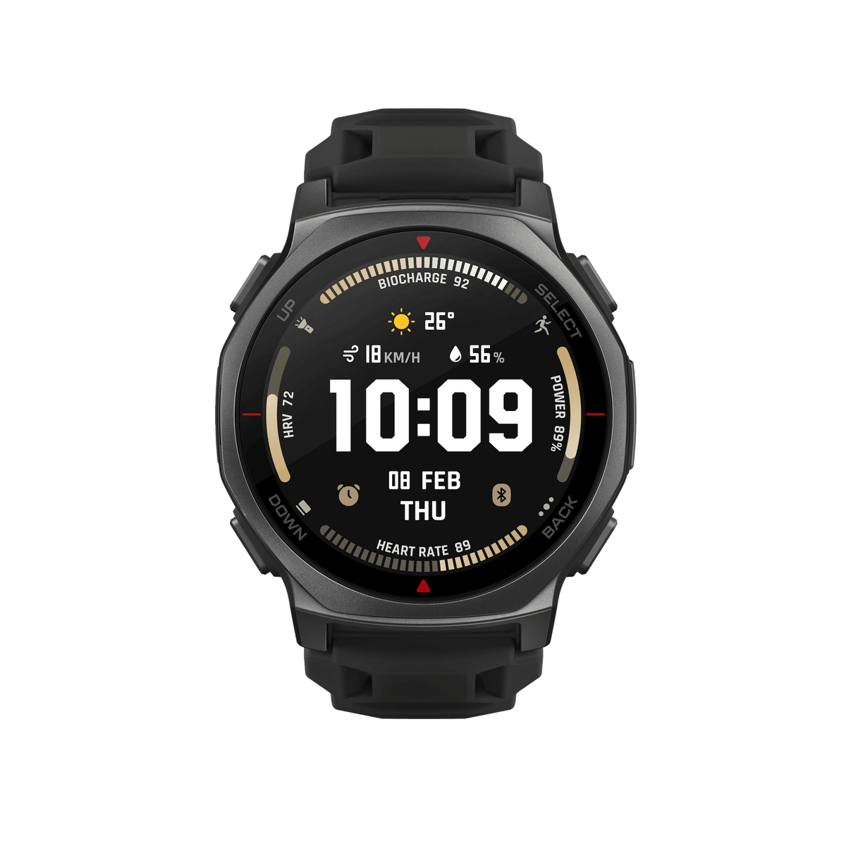 Amazfit T-Rex 3 Pro 44mm Smartwatch - Tactical Black - front view, watch face