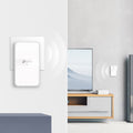 TP-Link TL-WPA7617 AV1000 Gigabit Powerline AC1200 Wi-Fi Extender — in-use, wall-mounted with signal graphic