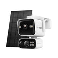 Tapo C675D KIT 4K dual-lens solar-powered pan and tilt security camera with solar panel, studio shot showing fixed wide-angle lens and pan/tilt lens