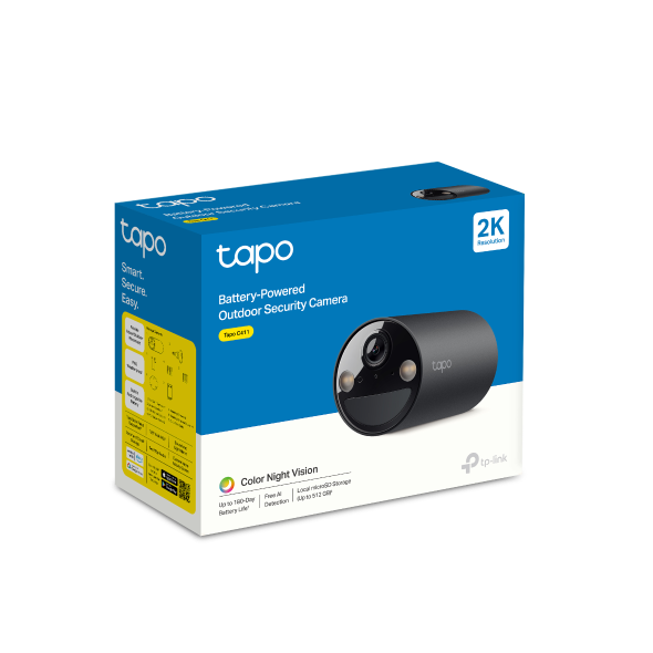 Tapo C411 smart wire-free security camera retail packaging box, Black, Battery-Powered Outdoor Security Camera 2K