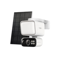 TC50 KIT solar-powered floodlight pan and tilt security camera and panel, front angled view
