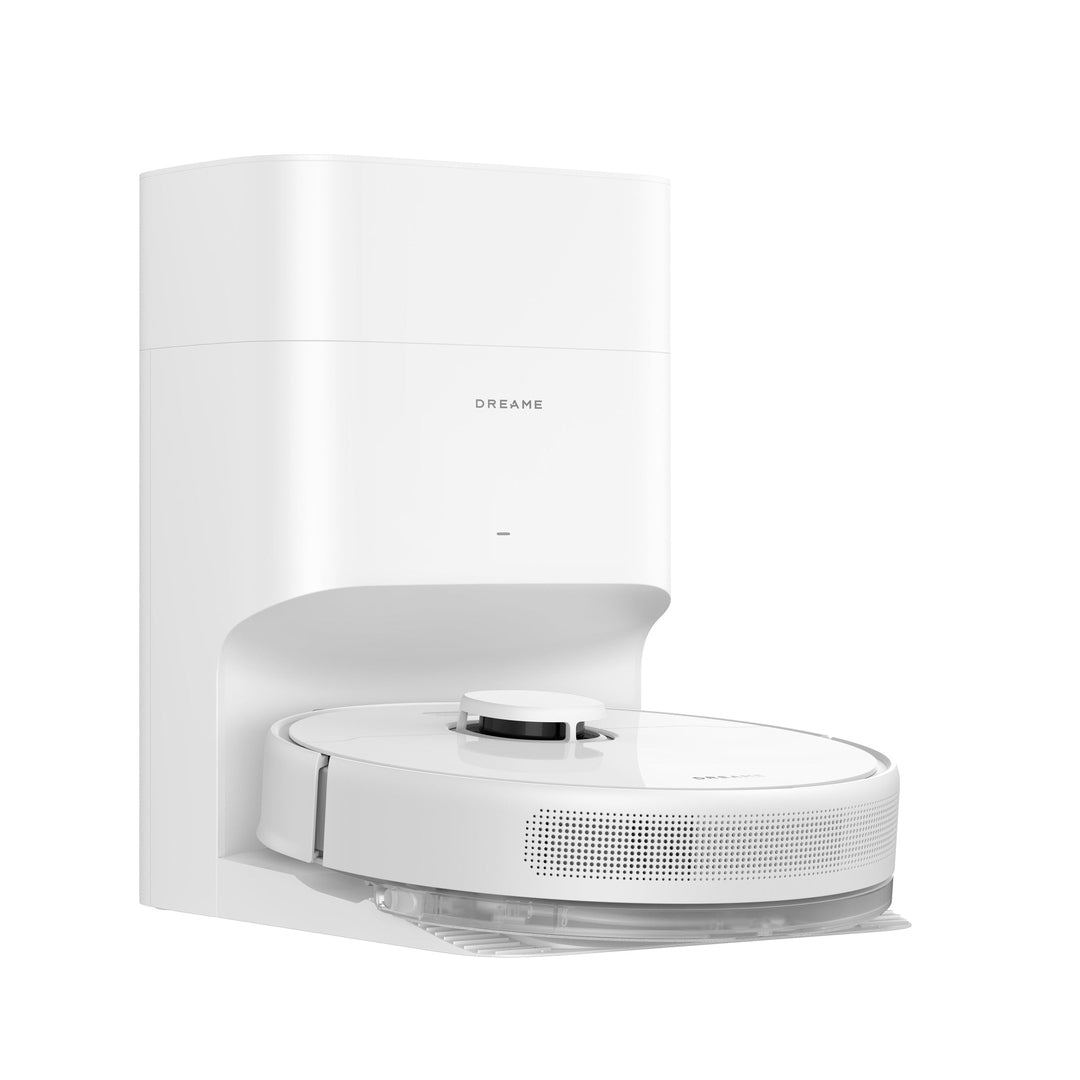 Dreame D10 Plus Gen 2 RLD32GD robot vacuum docked in its self-empty station, angled view