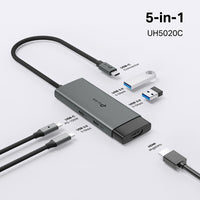 TP-Link UH5020C 5-in-1 USB-C hub with HDMI, PD & USB ports — hero shot labelled 5-in-1 with included cables shown