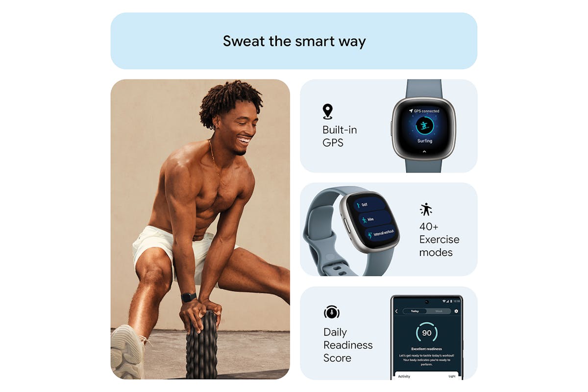 Fitbit Versa 4 - Fitness Smartwatch with GPS, NFC Payments & 40+ Exercise Modes - Waterfall Blue/Platinum | 79-FB523SRAG