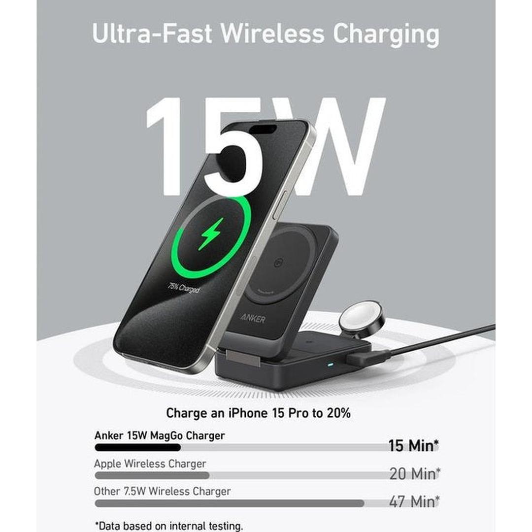 Anker MagGo Wireless Charging Station 15W Foldable 3-in-1 Bundle Cable and Charger | B2557211 Anker Euronics Ireland