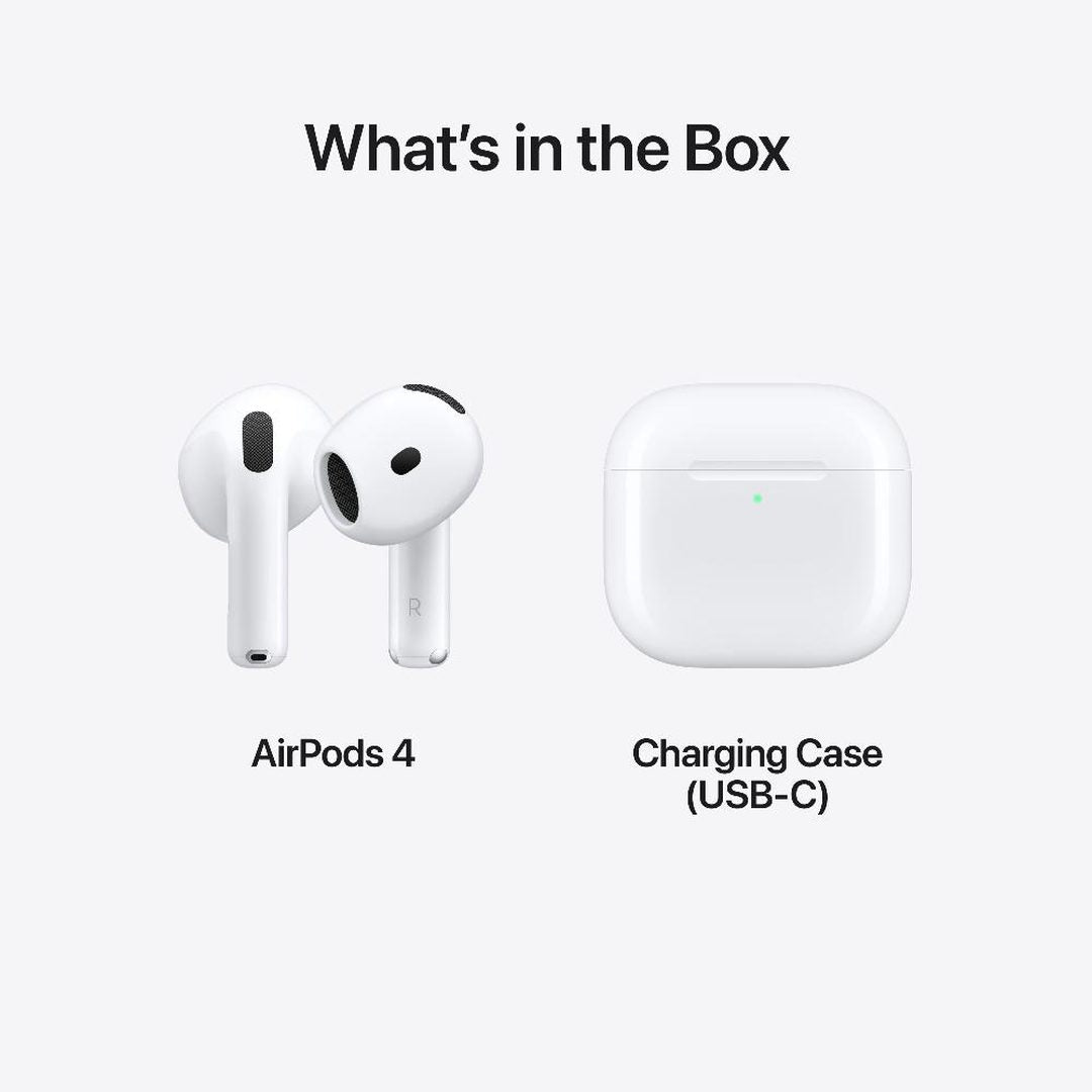 Apple AirPods 4 box contents, showing earbuds and USB-C charging case