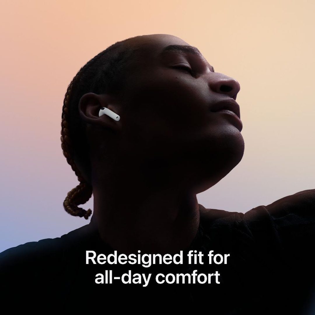Person wearing Apple AirPods 4 with eyes closed, all-day comfort graphic