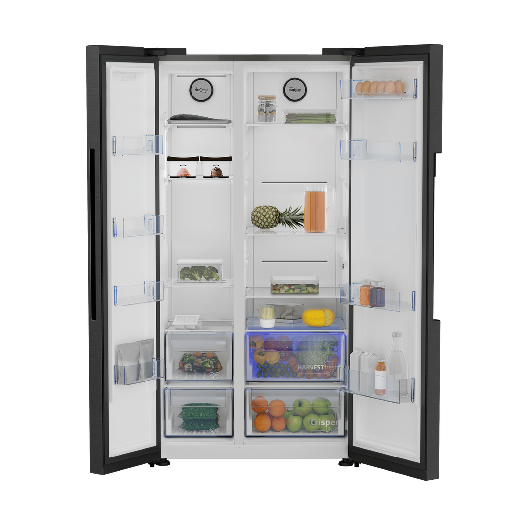Beko ASL1442VPZ fridge freezer with doors open, showing a blue-lit drawer