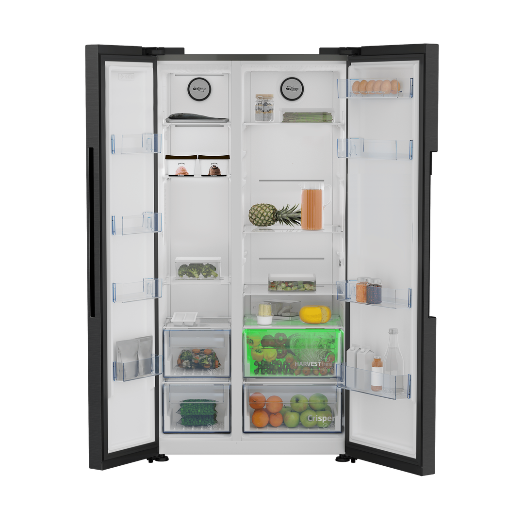 Beko ASL1442VPZ fridge freezer with doors open, showing a green-lit drawer