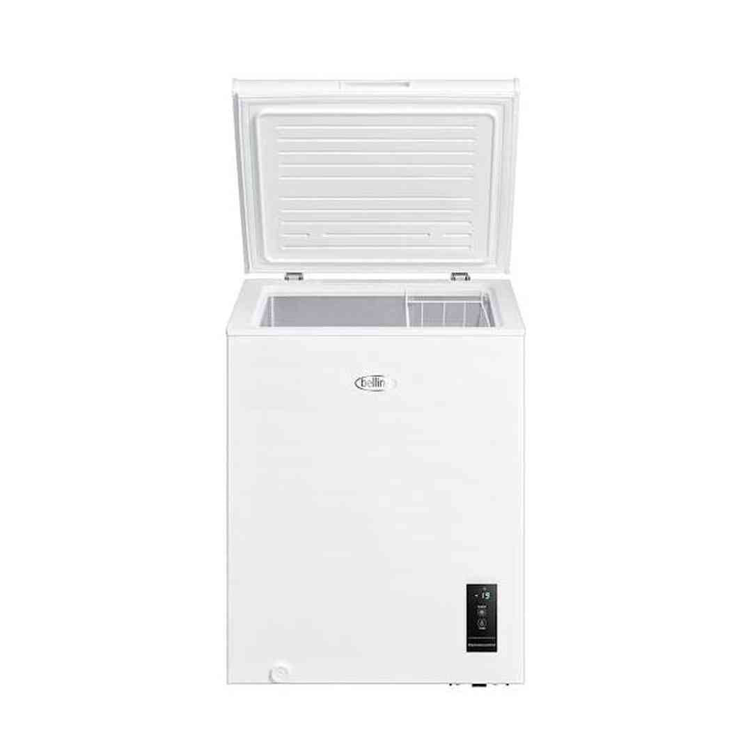 Belling BCFE100 99L chest freezer with the lid open, showing the basket