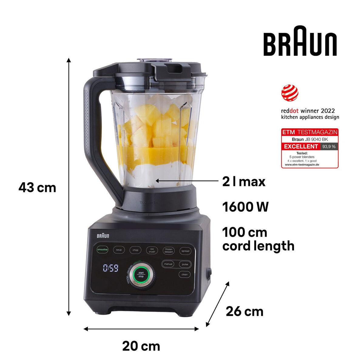 Braun PowerBlend 9 Jug Blender - Black - dimensions