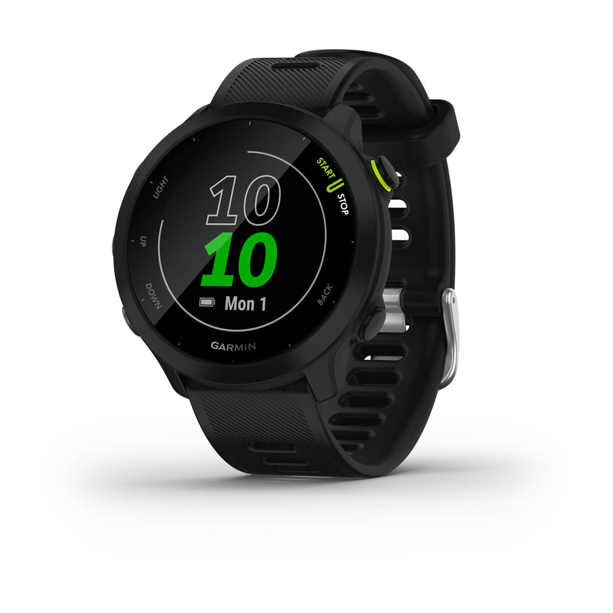 Garmin Forerunner 55 GPS Running Smartwatch - front view , screen on