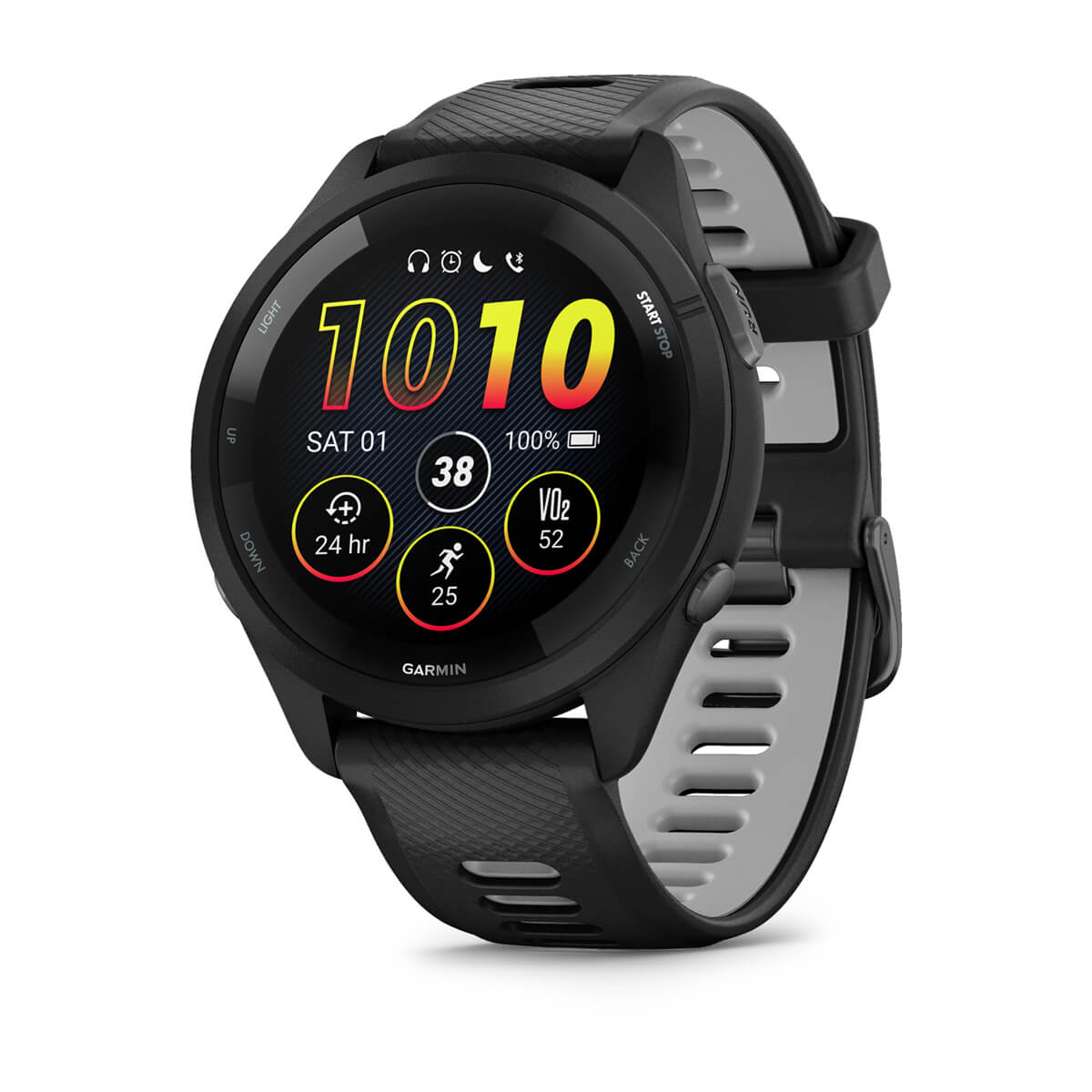 Garmin Forerunner 265 Music GPS Running Smartwatch - front view , screen on