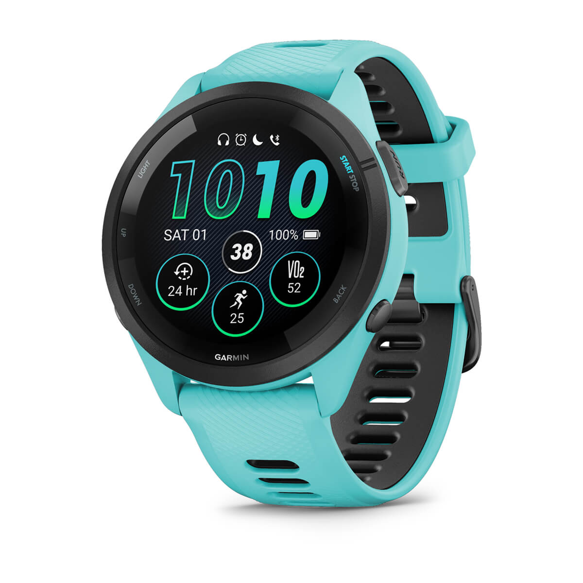 Garmin Forerunner 265 Music GPS Running Smartwatch - front view , screen on
