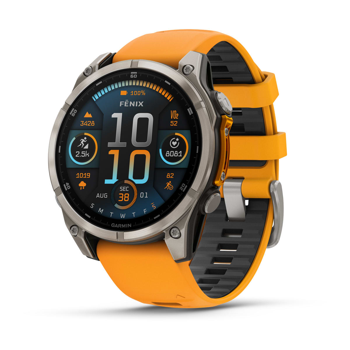 Garmin fenix 8 47mm AMOLED Sapphire GPS Smartwatch - front view , screen on