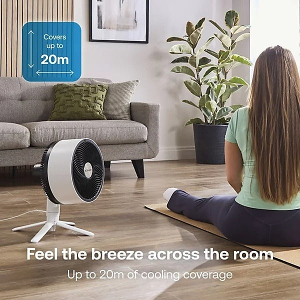 Dimplex Duo Cool Smart 2-in-1 Fan - White - used as a low floor fan in a living room, up to 20 m cooling coverage