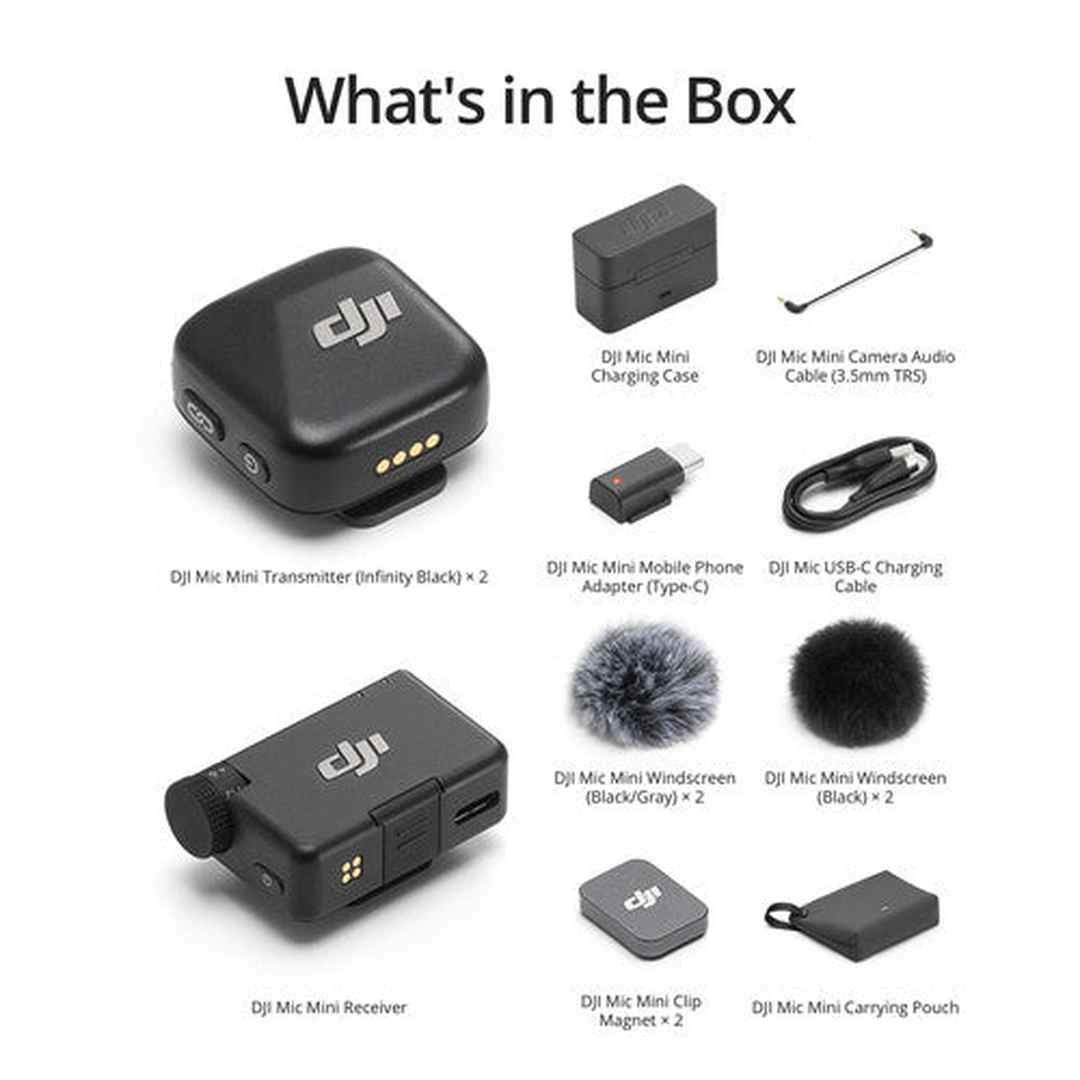 DJI Mic Mini CP.RN.00000433.01 box contents graphic, transmitters, receiver, case and cables