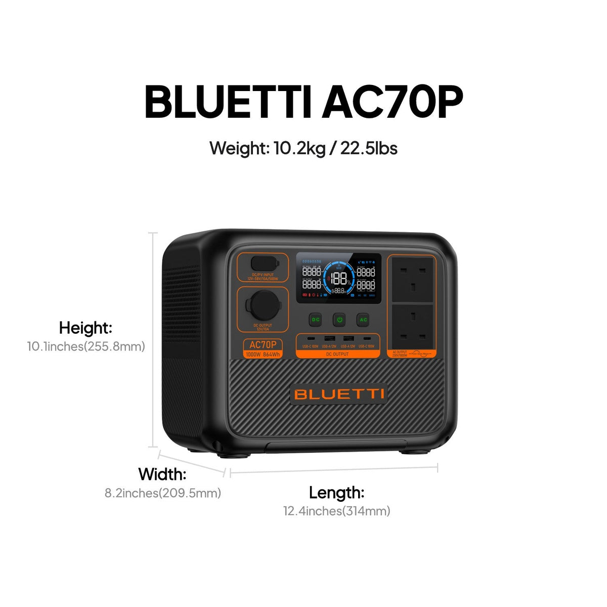 BLUETTI AC70P 864Wh 1,000W Portable Power Station - dimensions