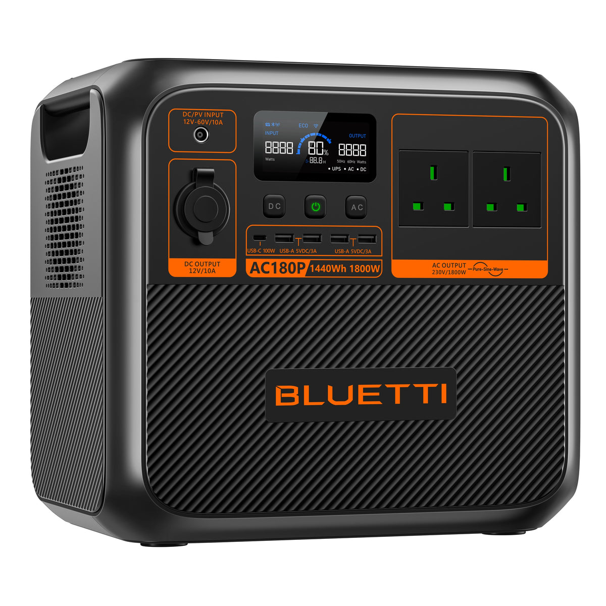 BLUETTI AC180P 1,440Wh 1,800W Portable Power Station - angled view left