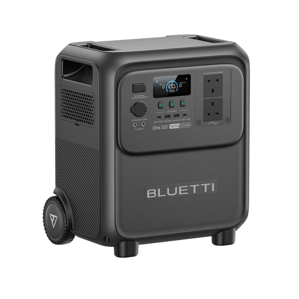 BLUETTI Elite 320 3,200Wh 1,800W Portable Power Station - angled view with wheel