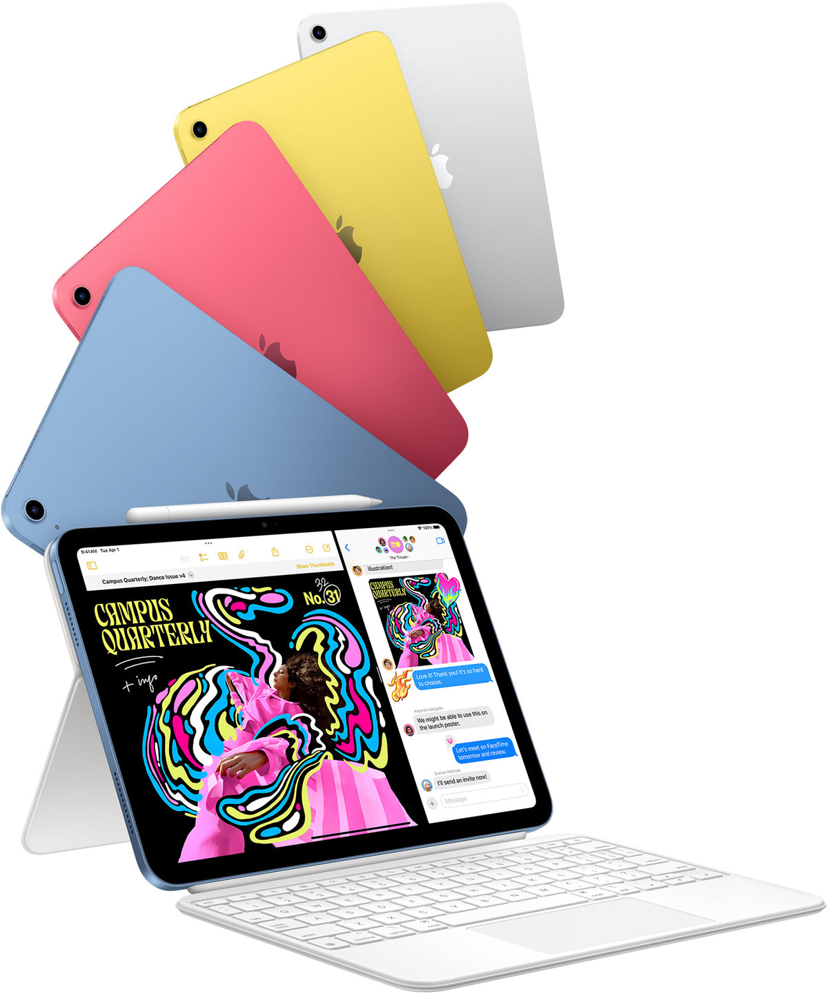 Apple iPad 11" (A16) 128GB Wi-Fi Tablet - Pink - colour line-up fanned behind an iPad on Magic Keyboard Folio