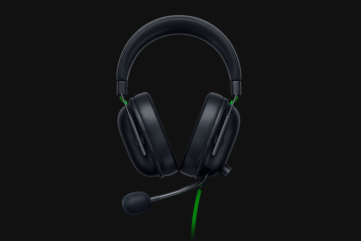 Razer BlackShark V2 Wired Esports Headset with USB Sound Card - Black - front view, studio