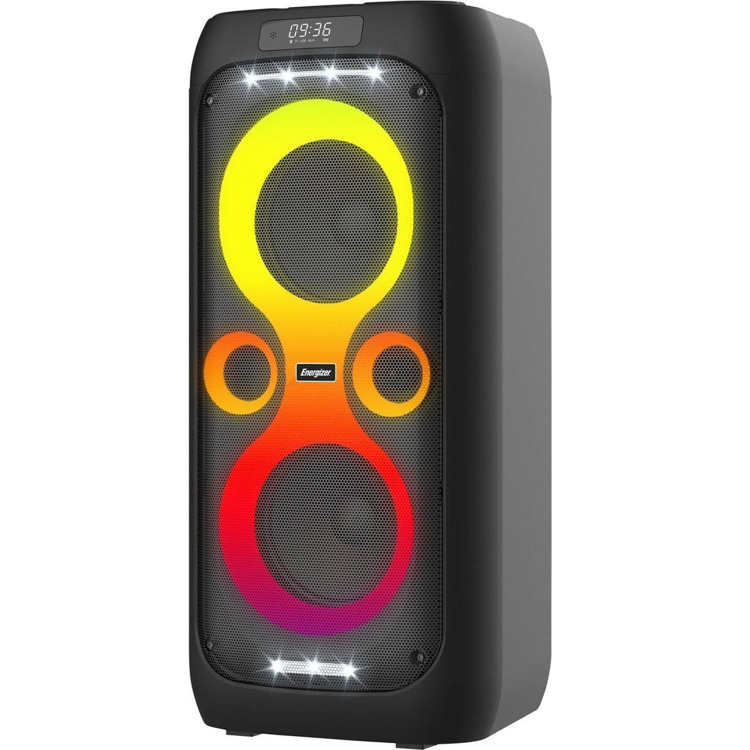 Energizer BTS566BK Bluetooth party speaker, angled front view
