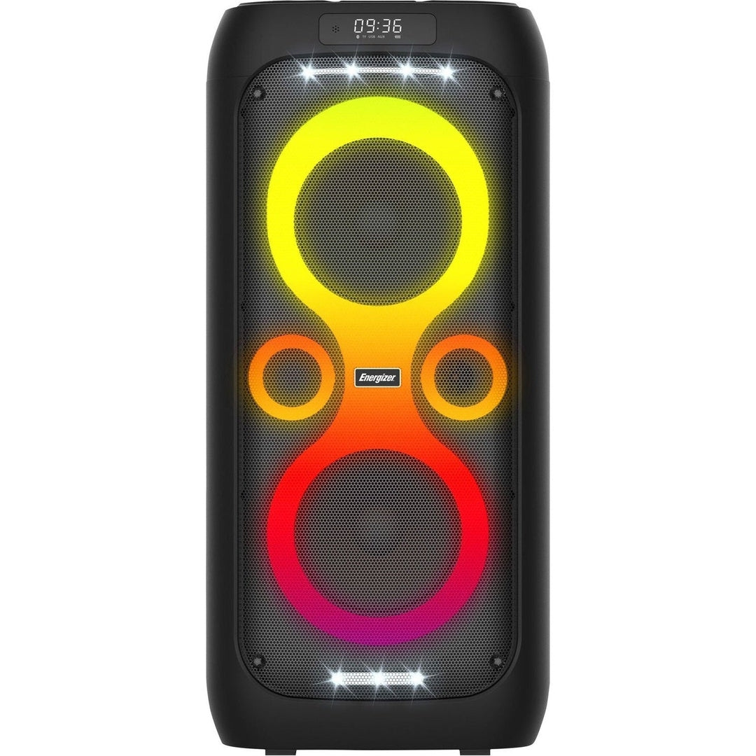 Energizer BTS566BK Bluetooth party speaker, front view with lights