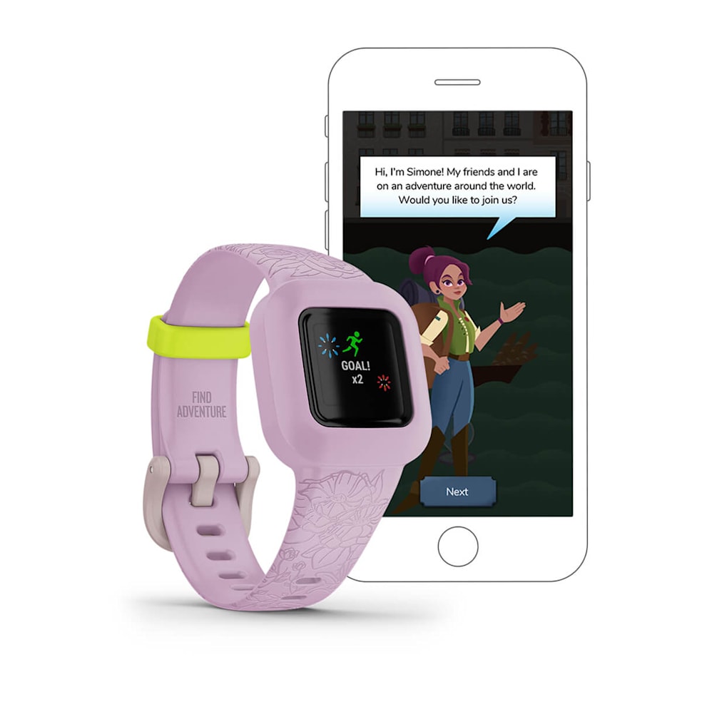Garmin vivofit jr. 3 Kids Activity Tracker - angled view with in-app dialogue on phon